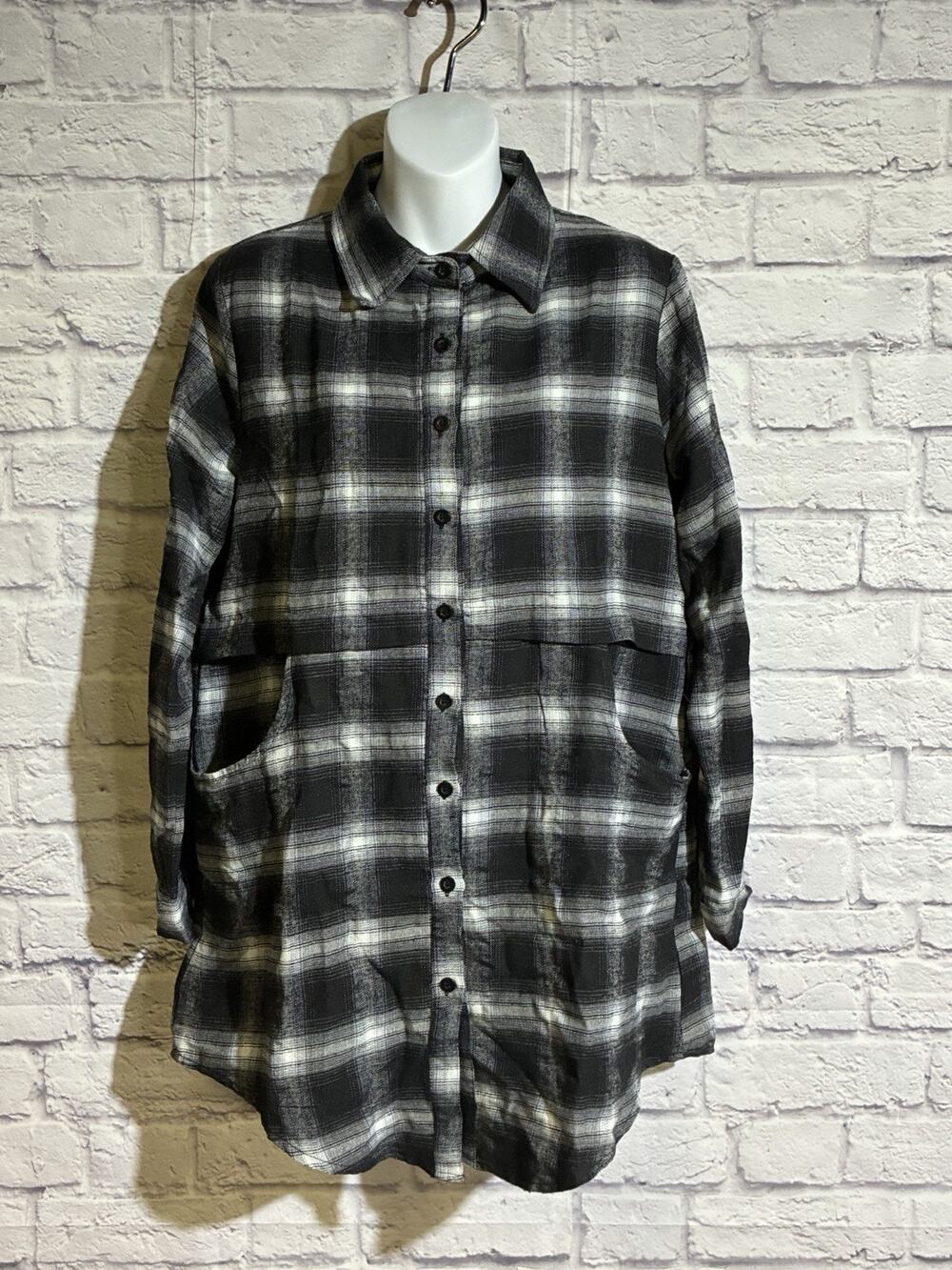 HOTOUCH Womens Plaid Shirt Dress Tunic Black Gray Button Front Pockets NWT